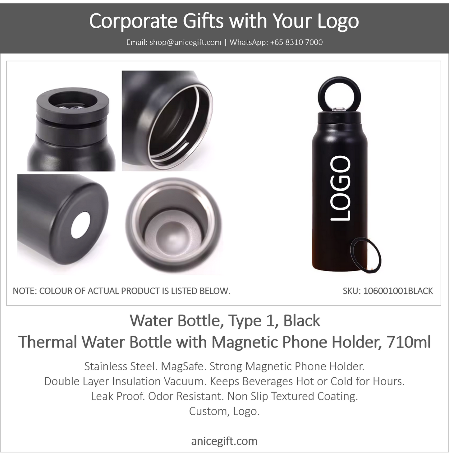 Water Bottle, Type 1, Black | Thermal Water Bottle with Magnetic Phone Holder, 710ml