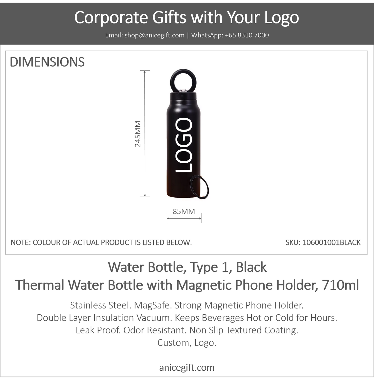 Water Bottle, Type 1, Black | Thermal Water Bottle with Magnetic Phone Holder, 710ml