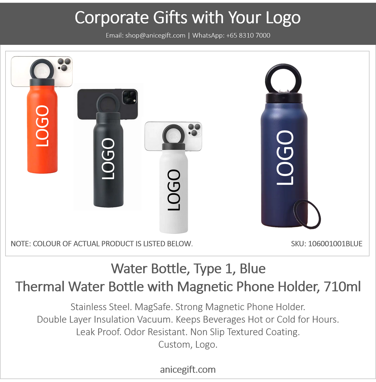 Water Bottle, Type 1, Blue | Thermal Water Bottle with Magnetic Phone Holder, 710ml