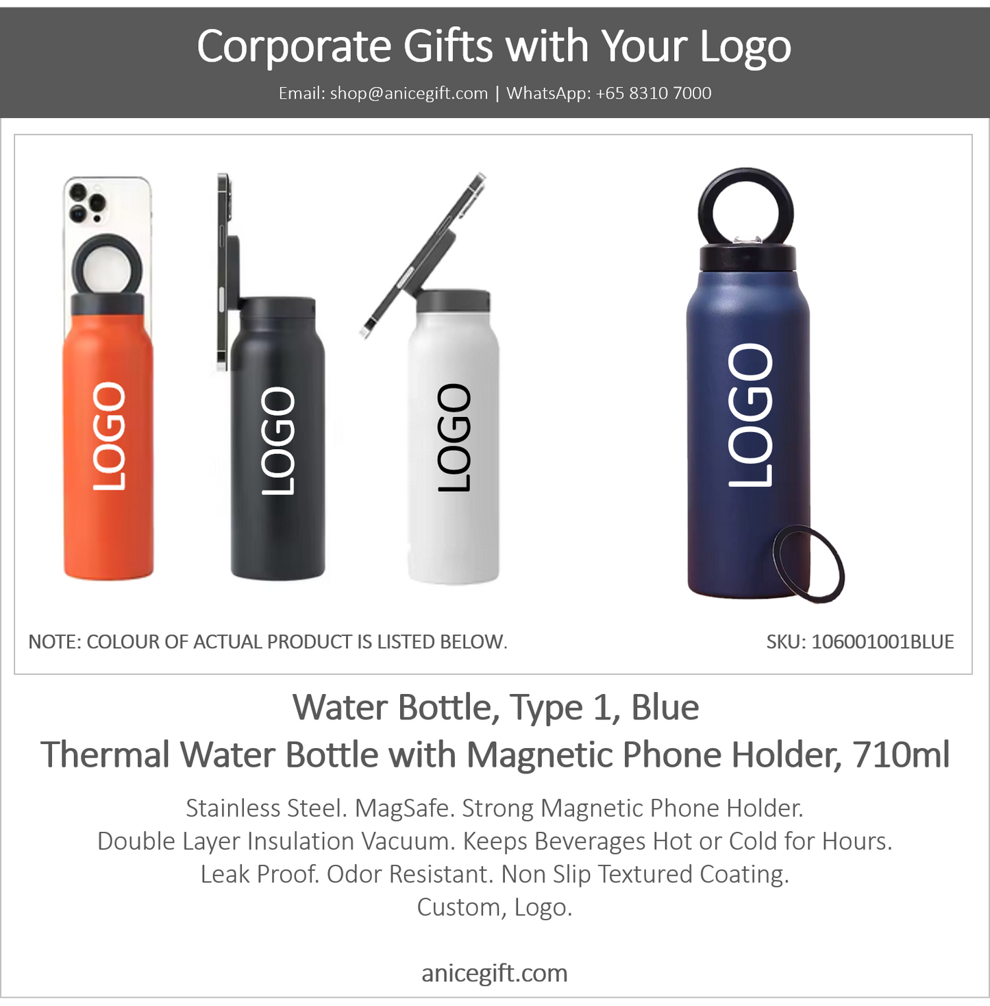 Water Bottle, Type 1, Blue | Thermal Water Bottle with Magnetic Phone Holder, 710ml