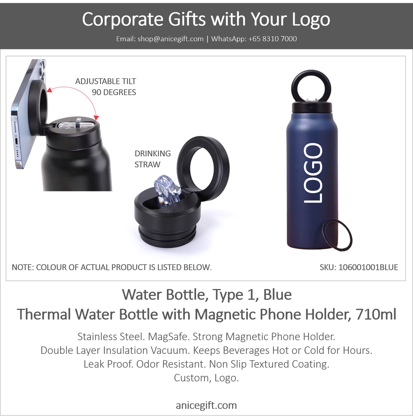 Water Bottle, Type 1, Blue | Thermal Water Bottle with Magnetic Phone Holder, 710ml