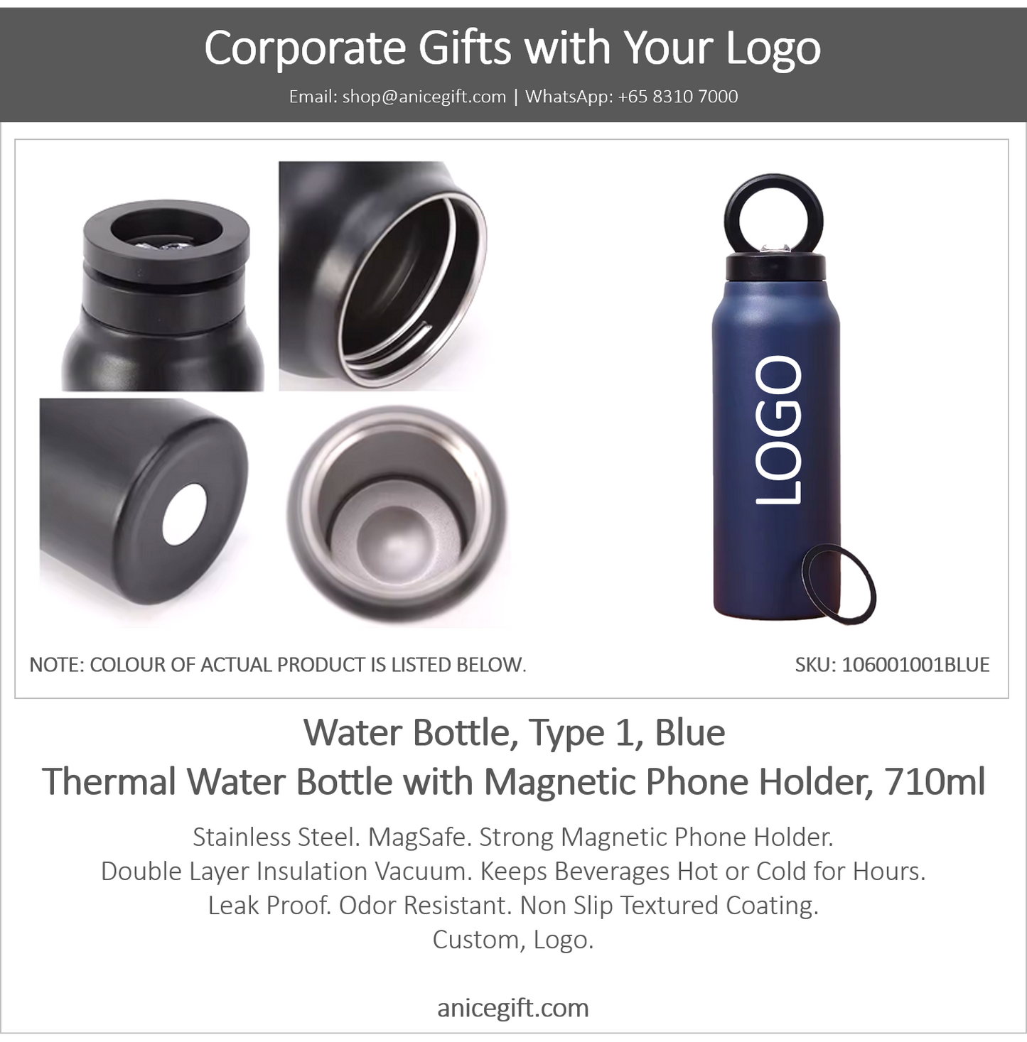 Water Bottle, Type 1, Blue | Thermal Water Bottle with Magnetic Phone Holder, 710ml