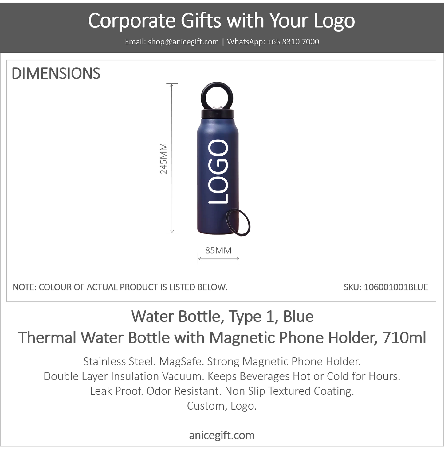 Water Bottle, Type 1, Blue | Thermal Water Bottle with Magnetic Phone Holder, 710ml