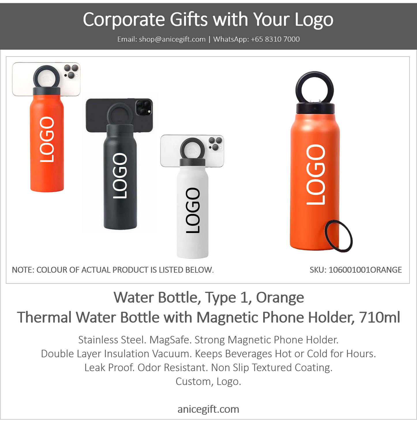 Water Bottle, Type 1, Orange | Thermal Water Bottle with Magnetic Phone Holder, 710ml