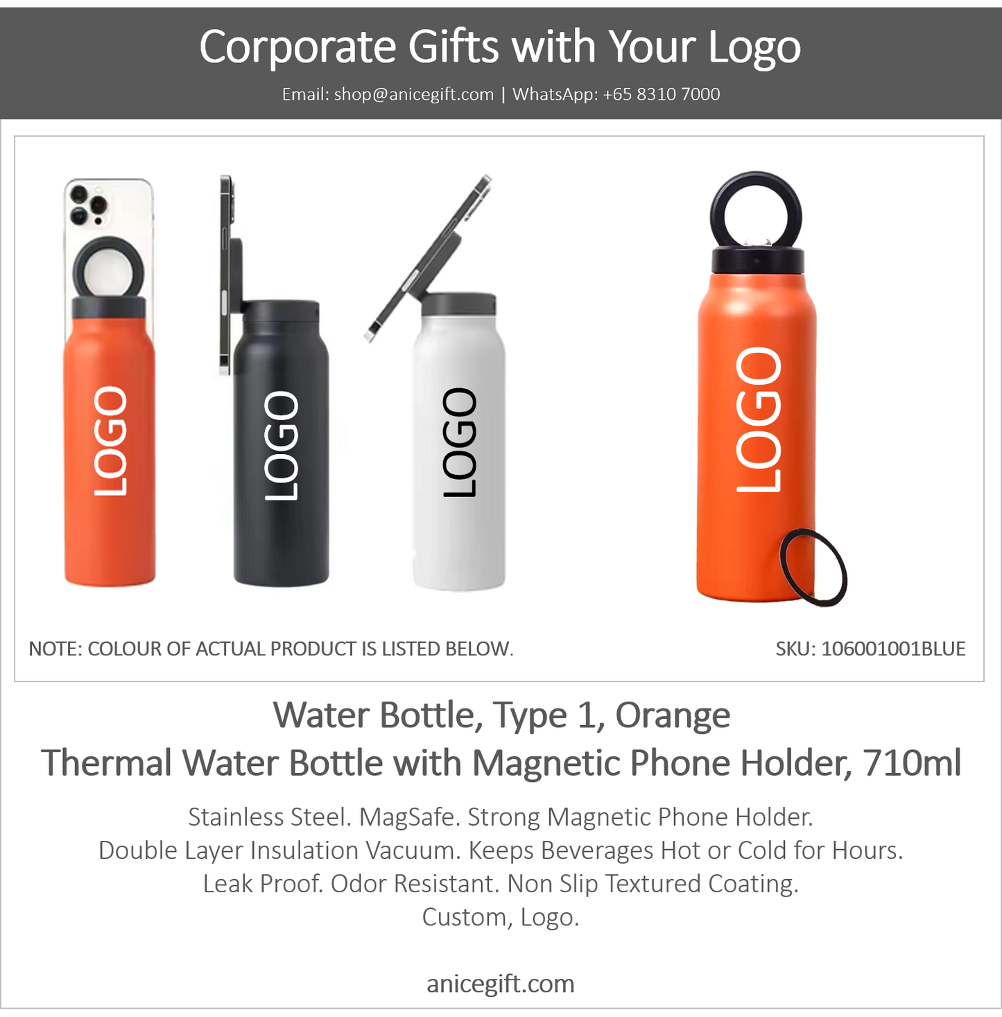 Water Bottle, Type 1, Orange | Thermal Water Bottle with Magnetic Phone Holder, 710ml
