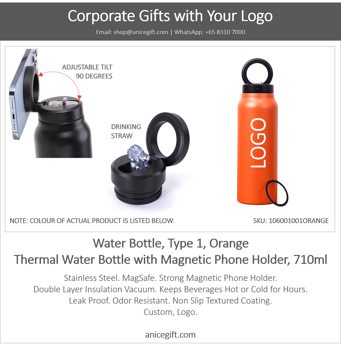 Water Bottle, Type 1, Orange | Thermal Water Bottle with Magnetic Phone Holder, 710ml