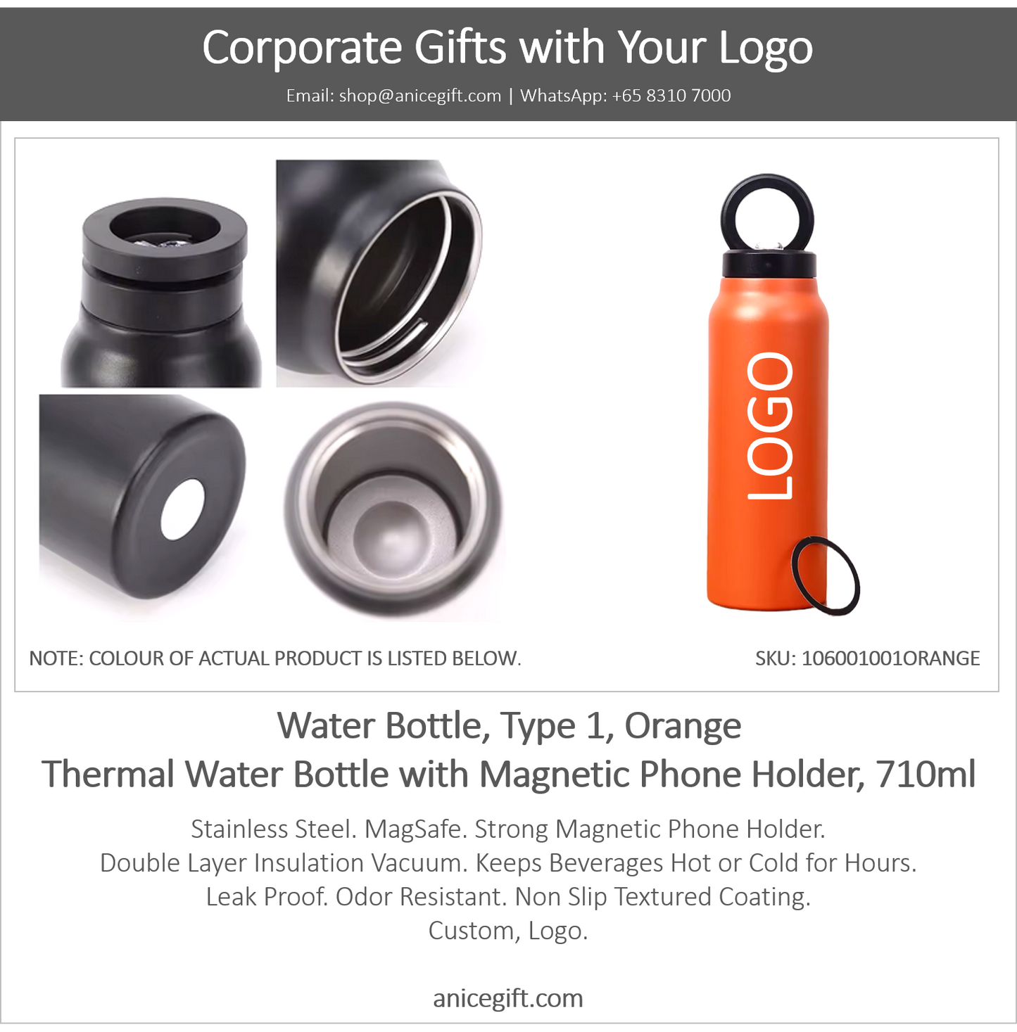 Water Bottle, Type 1, Orange | Thermal Water Bottle with Magnetic Phone Holder, 710ml