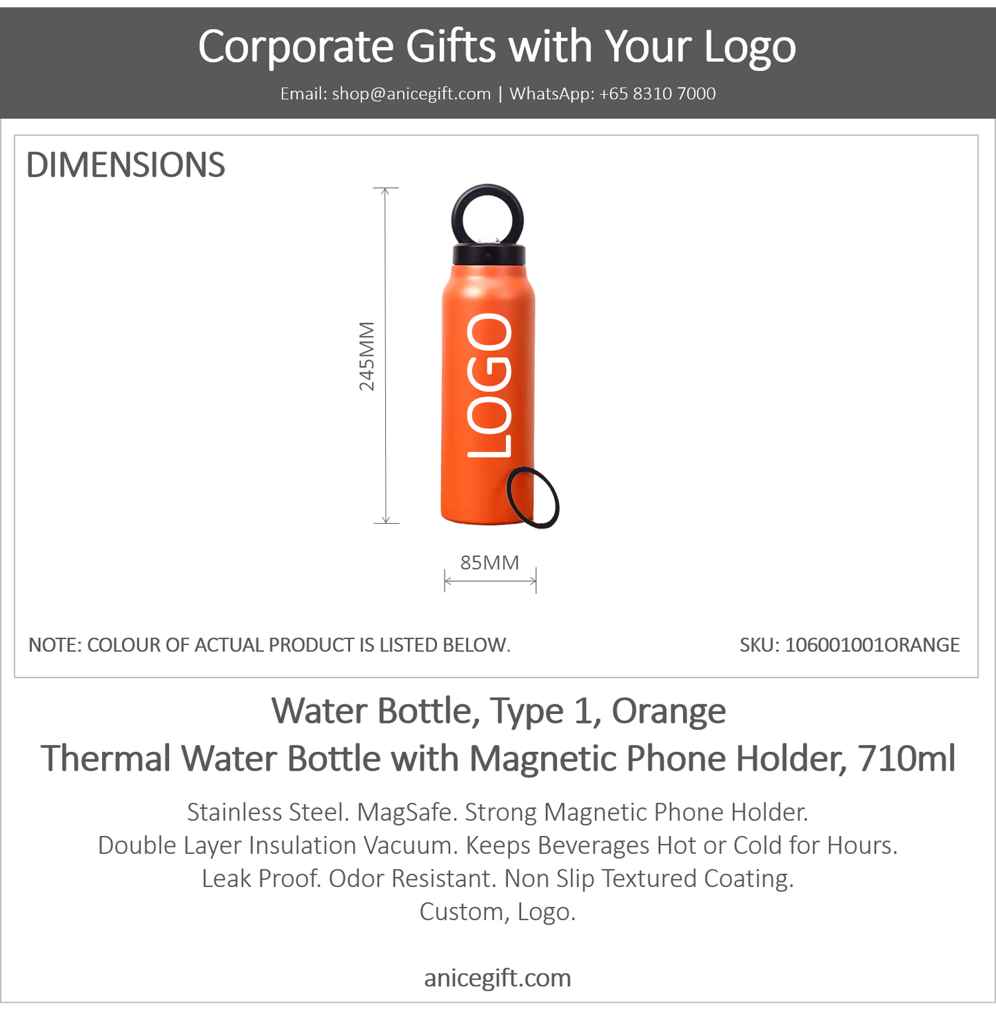 Water Bottle, Type 1, Orange | Thermal Water Bottle with Magnetic Phone Holder, 710ml