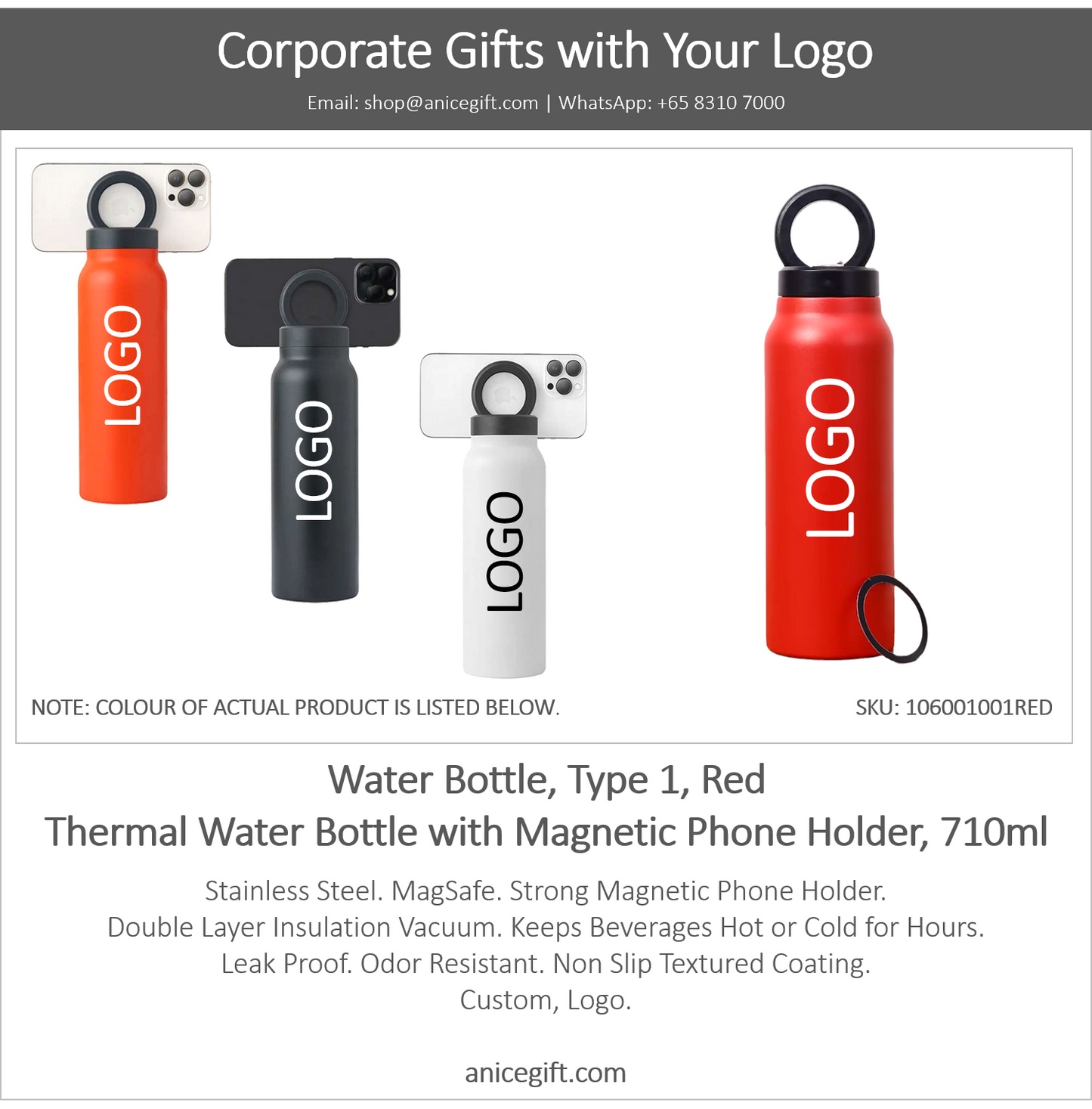 Water Bottle, Type 1, Red | Thermal Water Bottle with Magnetic Phone Holder, 710ml