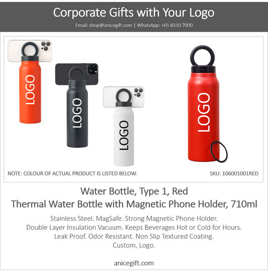 Water Bottle, Type 1, Red | Thermal Water Bottle with Magnetic Phone Holder, 710ml