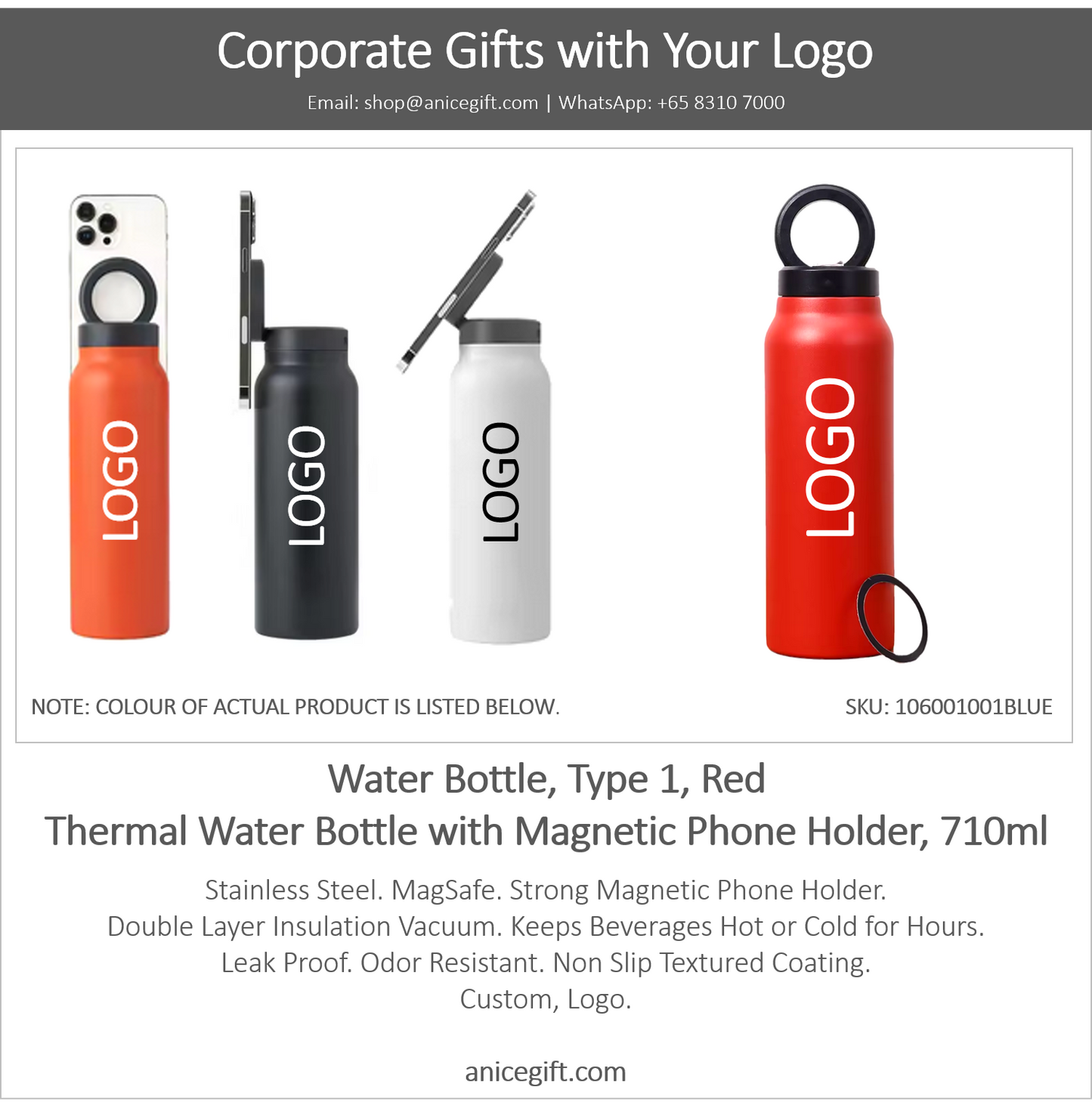 Water Bottle, Type 1, Red | Thermal Water Bottle with Magnetic Phone Holder, 710ml