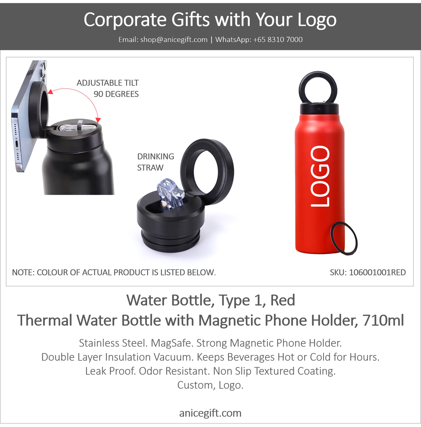 Water Bottle, Type 1, Red | Thermal Water Bottle with Magnetic Phone Holder, 710ml