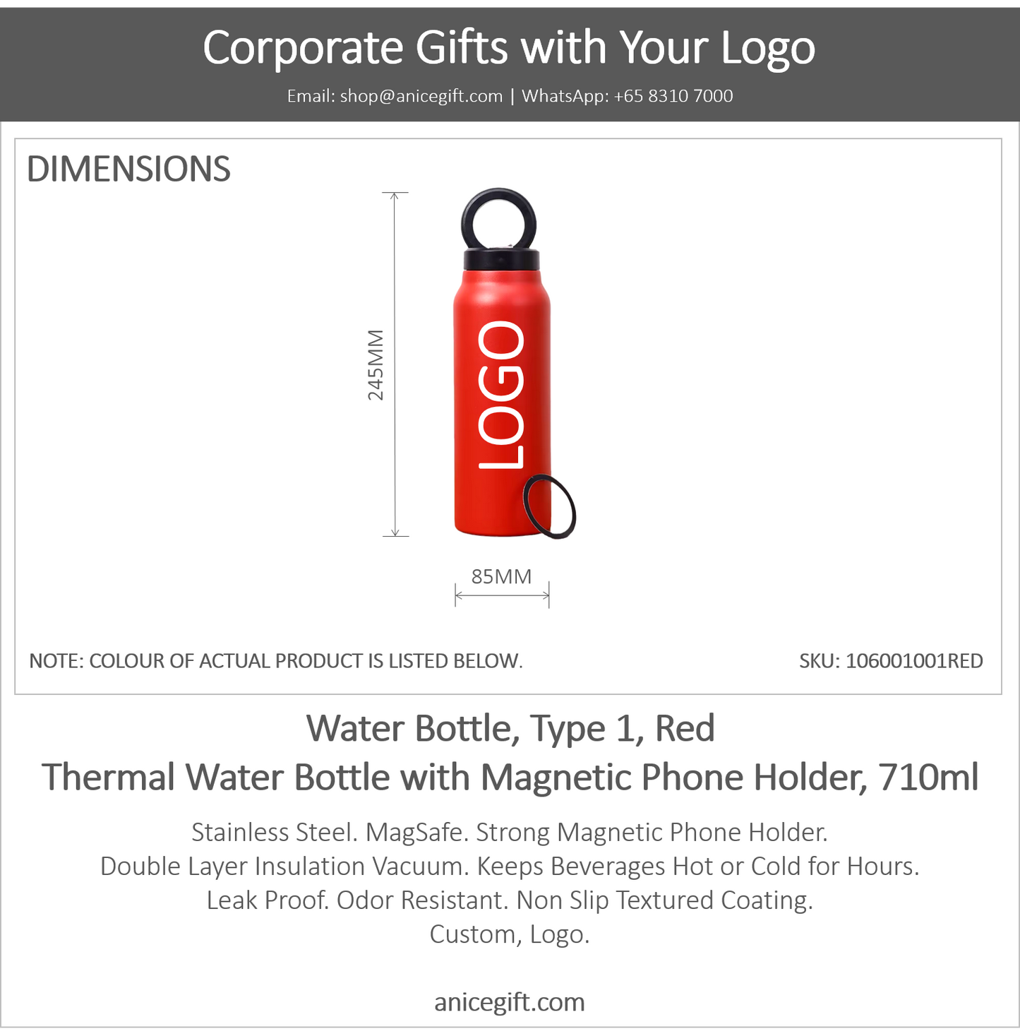 Water Bottle, Type 1, Red | Thermal Water Bottle with Magnetic Phone Holder, 710ml
