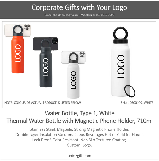 Water Bottle, Type 1, White | Thermal Water Bottle with Magnetic Phone Holder, 710ml