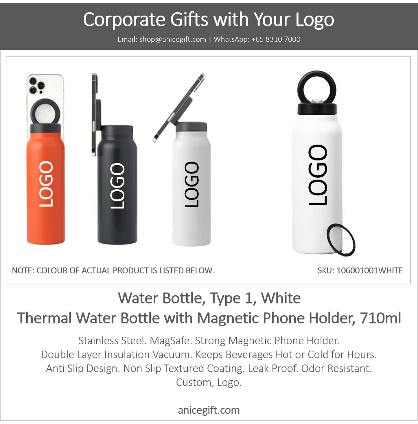 Water Bottle, Type 1, White | Thermal Water Bottle with Magnetic Phone Holder, 710ml