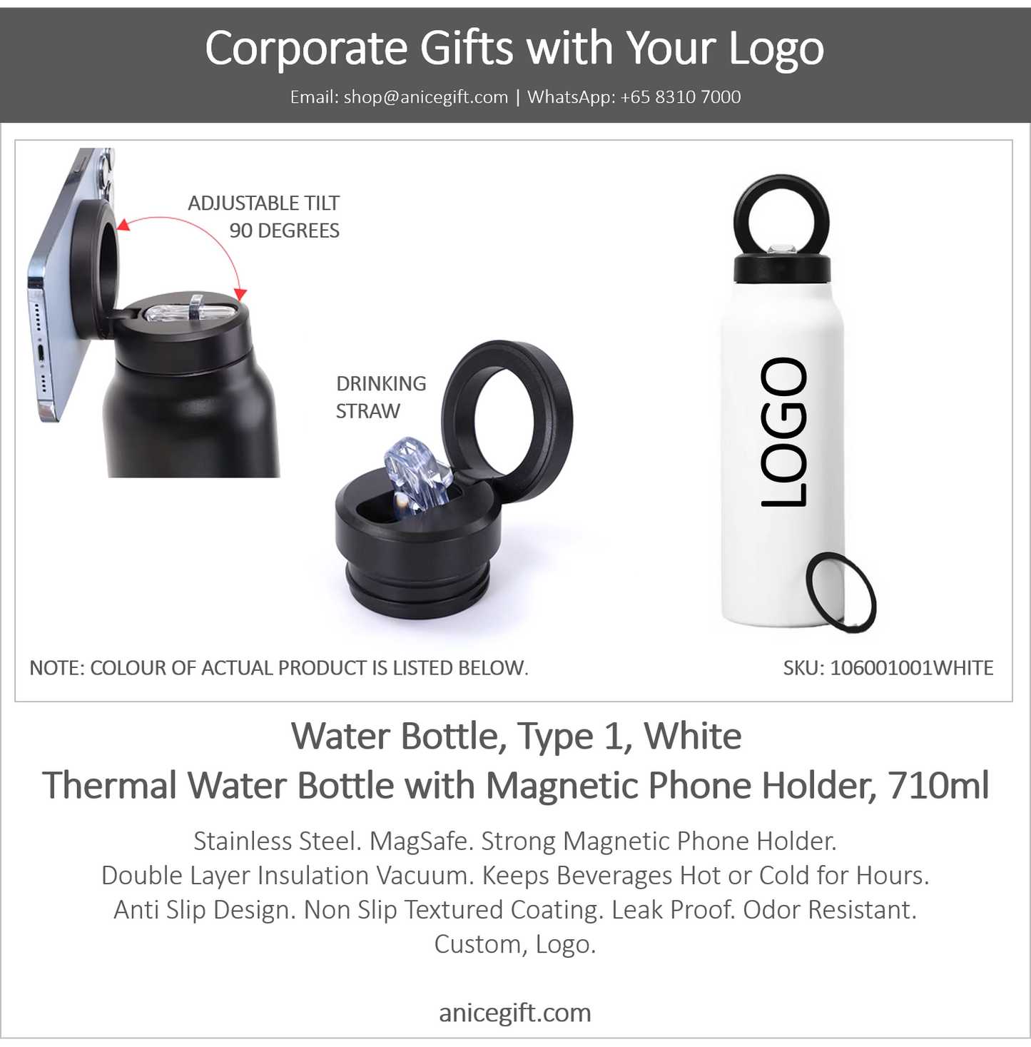 Water Bottle, Type 1, White | Thermal Water Bottle with Magnetic Phone Holder, 710ml