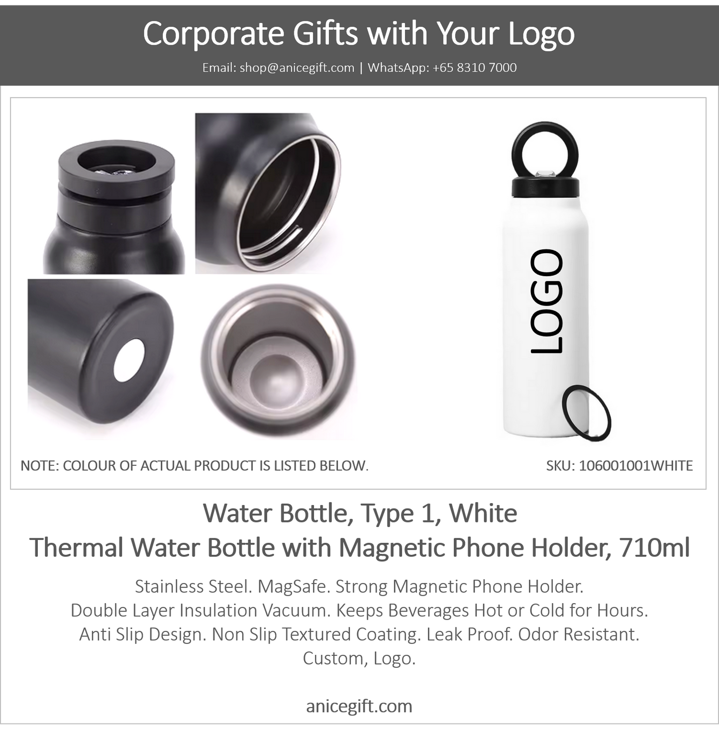 Water Bottle, Type 1, White | Thermal Water Bottle with Magnetic Phone Holder, 710ml
