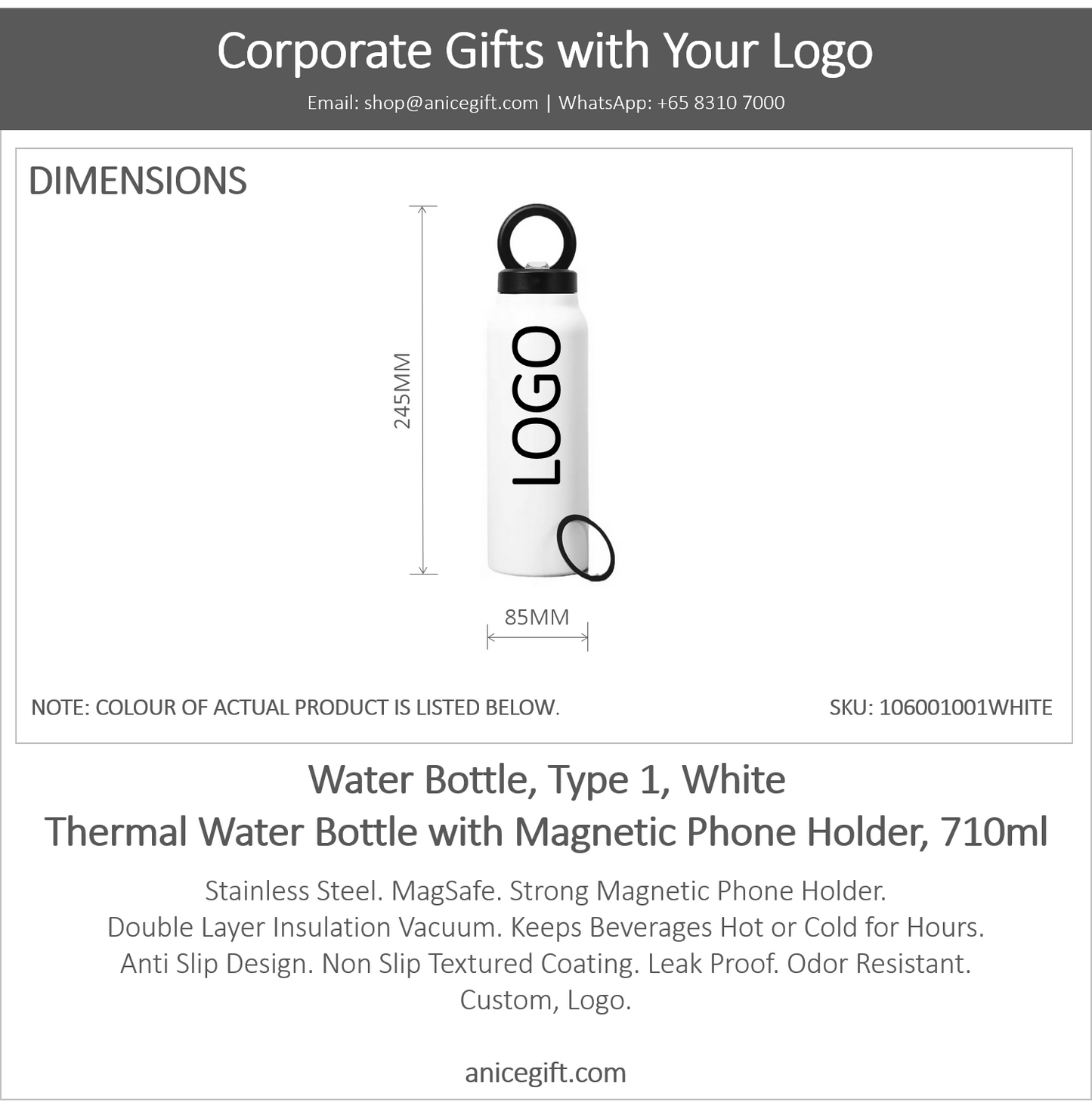 Water Bottle, Type 1, White | Thermal Water Bottle with Magnetic Phone Holder, 710ml
