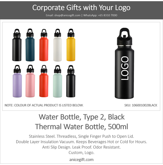 Water Bottle, Type 2, Black | Thermal Water Bottle, 500ml