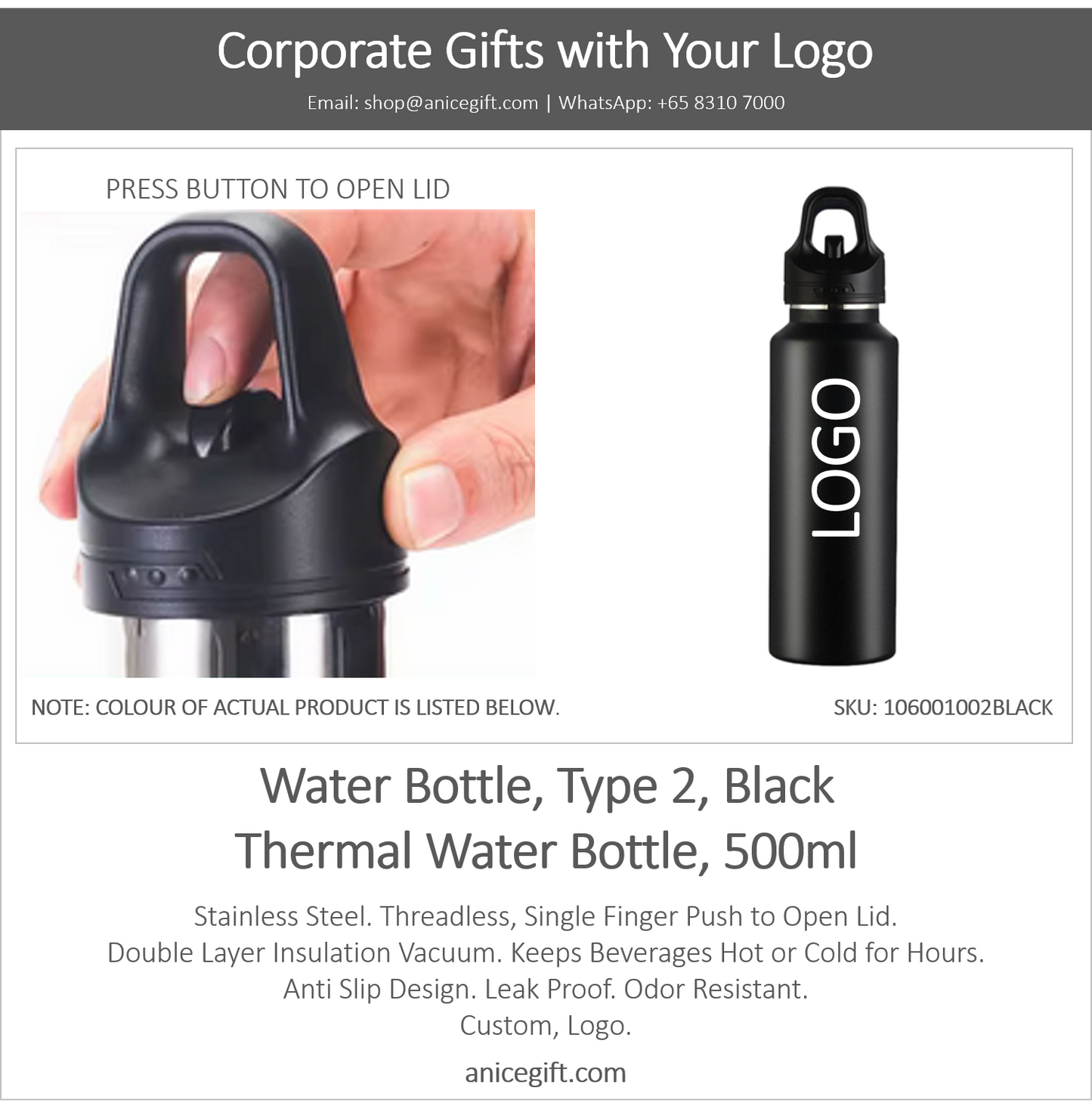 Water Bottle, Type 2, Black | Thermal Water Bottle, 500ml