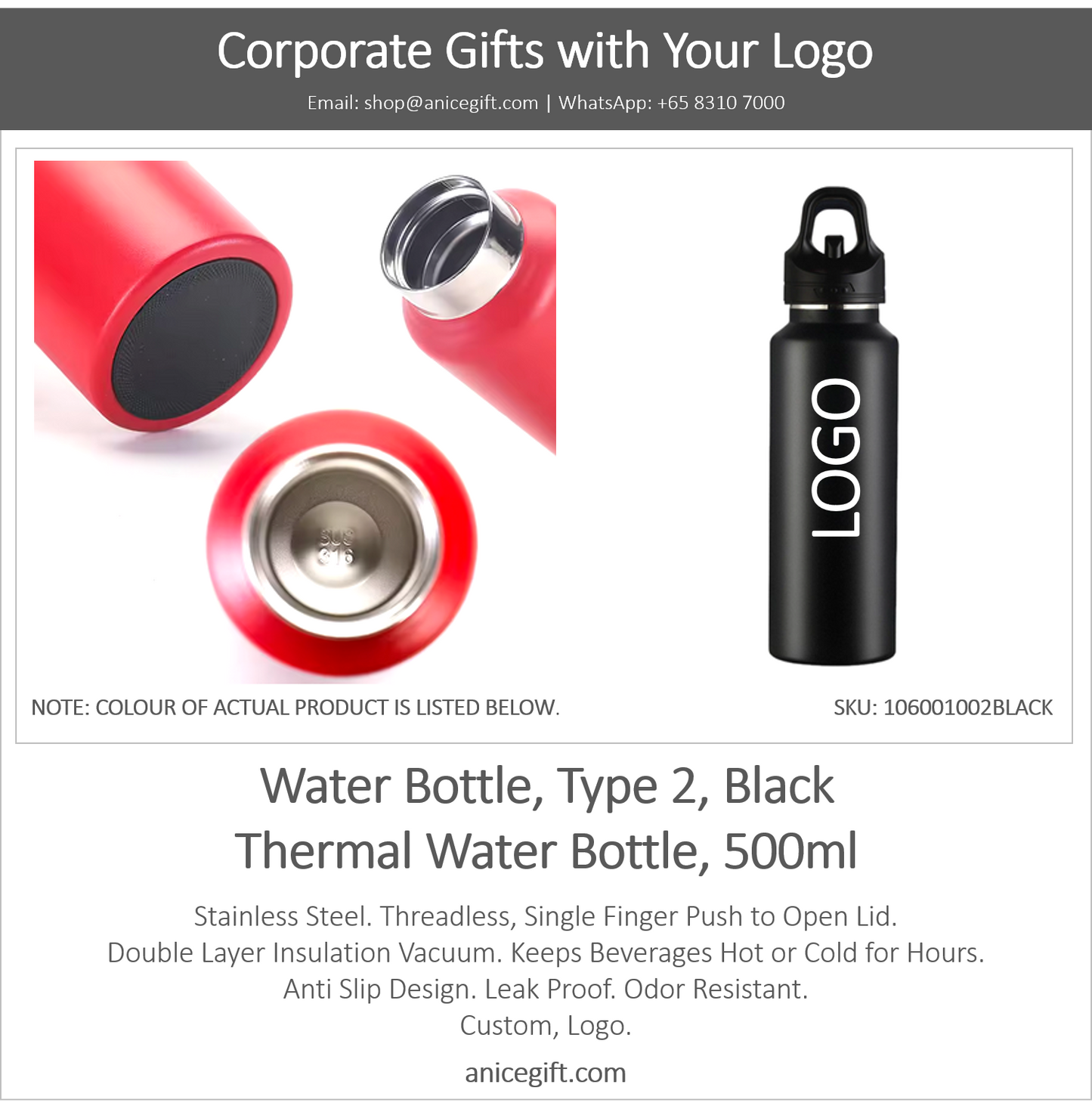 Water Bottle, Type 2, Black | Thermal Water Bottle, 500ml