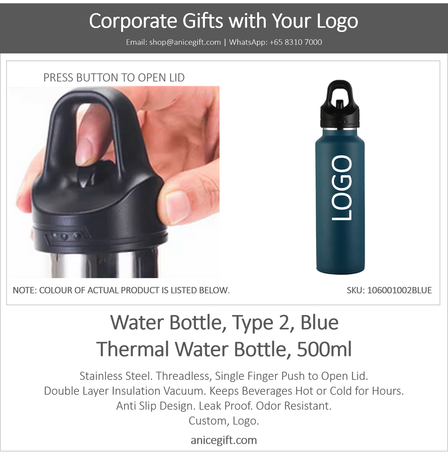 Water Bottle, Type 2, Blue | Thermal Water Bottle, 500ml