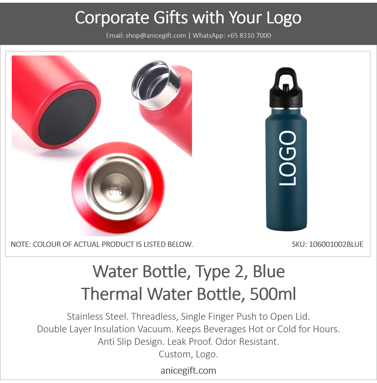 Water Bottle, Type 2, Blue | Thermal Water Bottle, 500ml