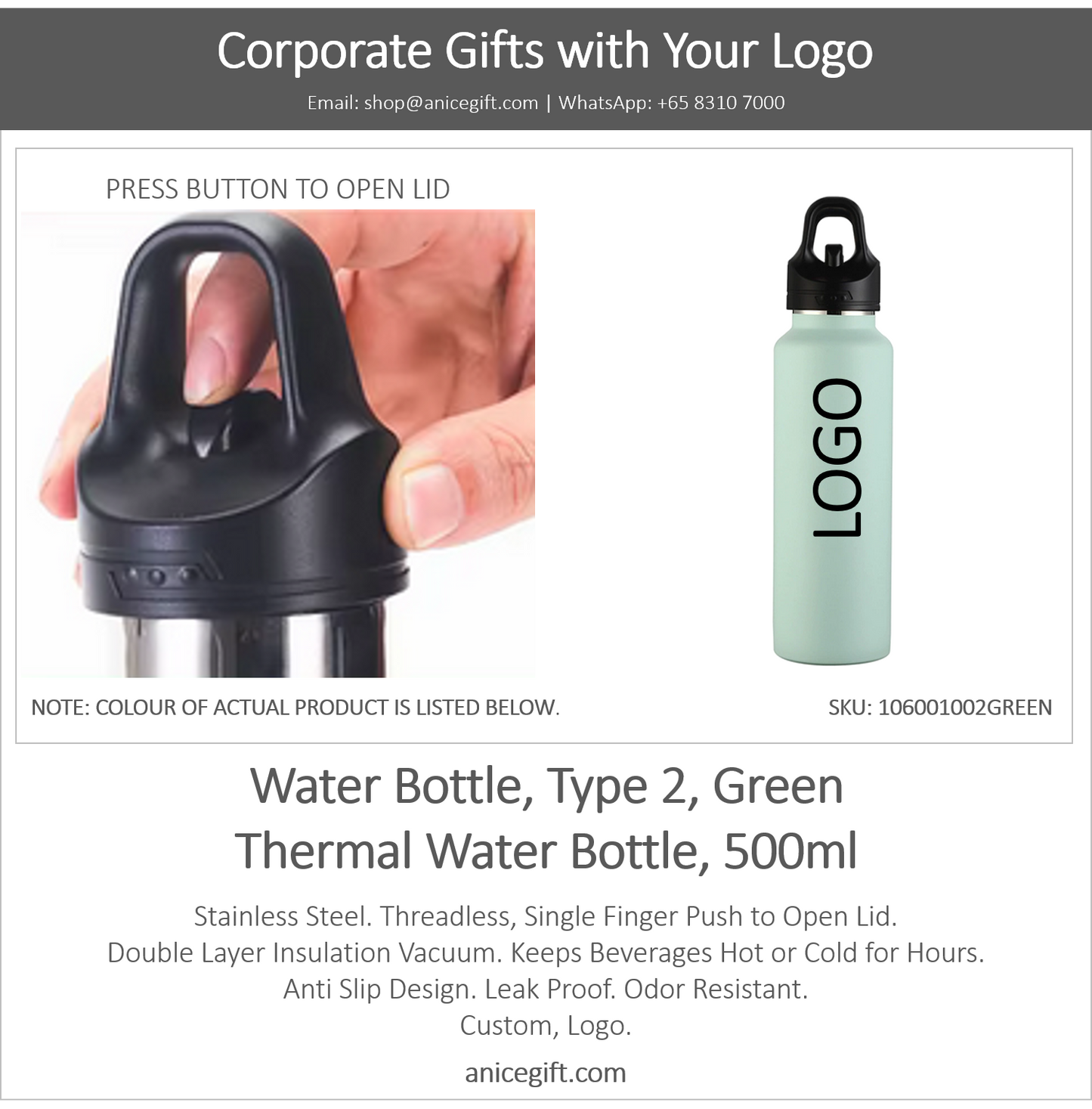 Water Bottle, Type 2, Green | Thermal Water Bottle, 500ml
