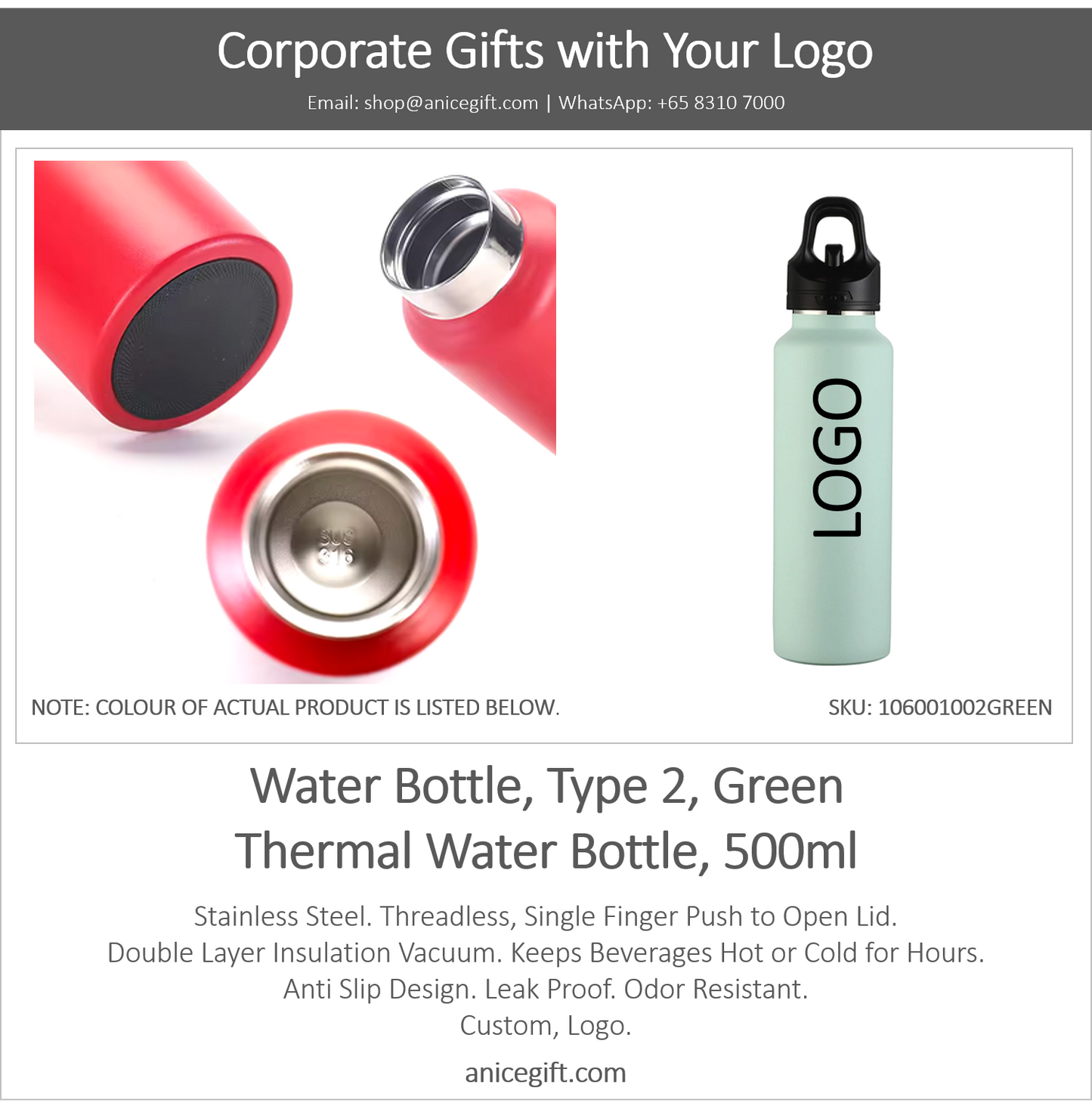 Water Bottle, Type 2, Green | Thermal Water Bottle, 500ml