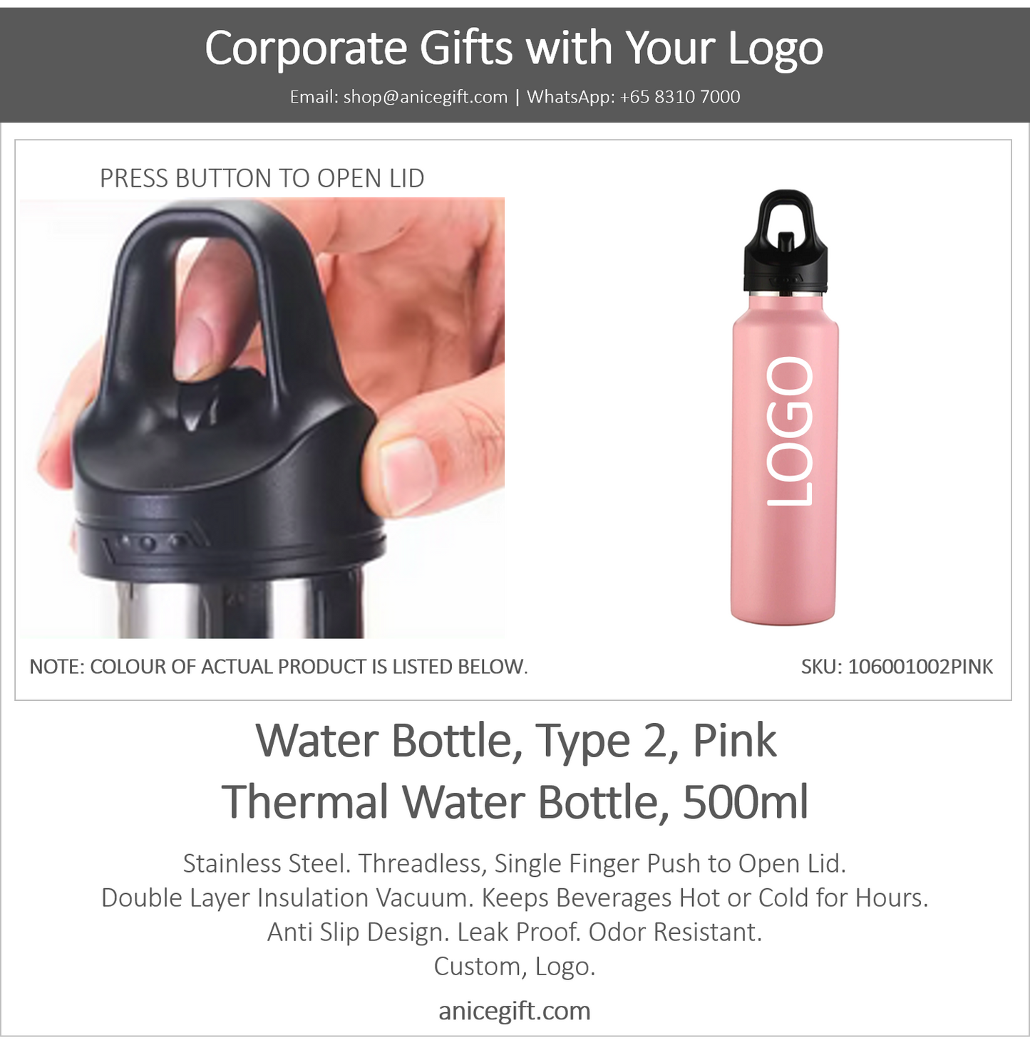 Water Bottle, Type 2, Pink | Thermal Water Bottle, 500ml