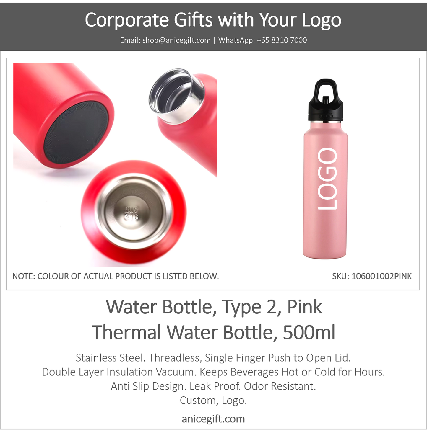 Water Bottle, Type 2, Pink | Thermal Water Bottle, 500ml