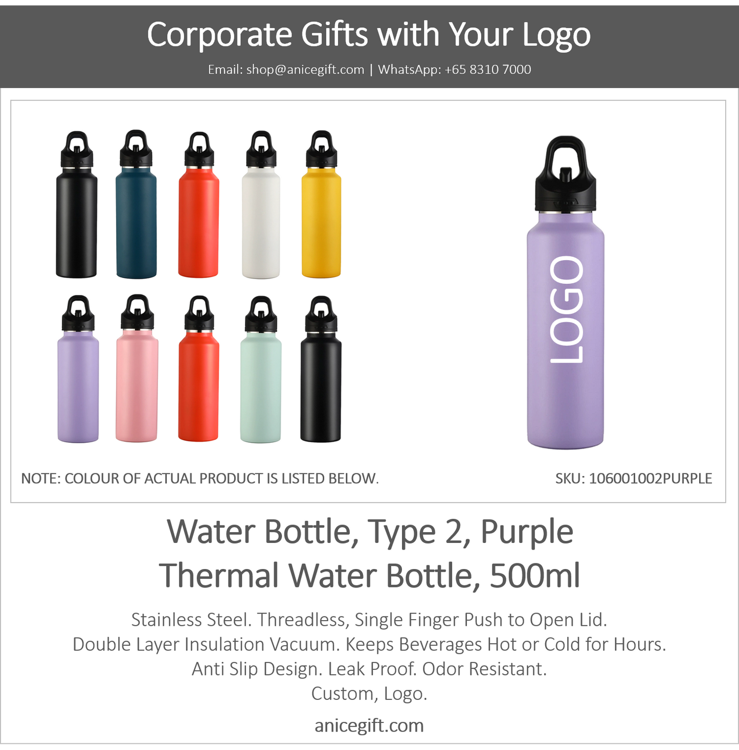 Water Bottle, Type 2, Purple | Thermal Water Bottle, 500ml