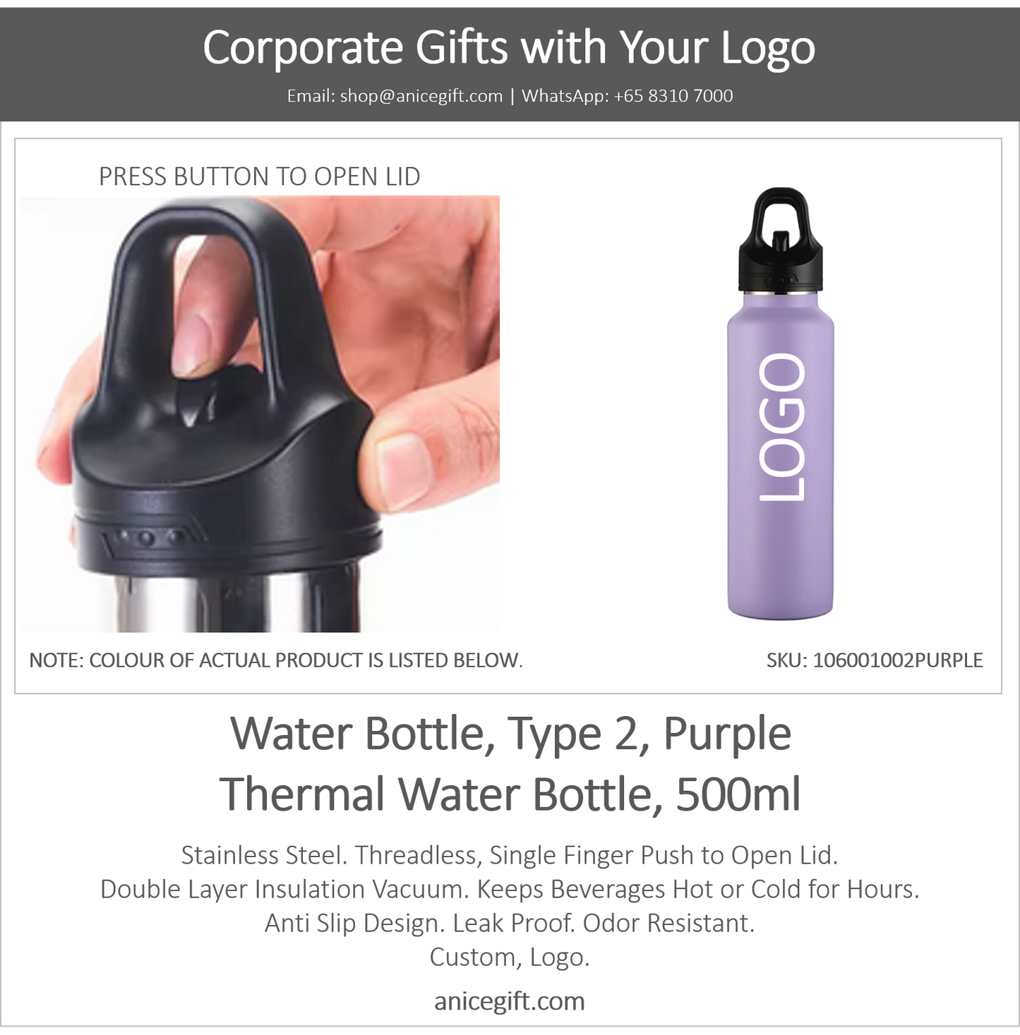 Water Bottle, Type 2, Purple | Thermal Water Bottle, 500ml