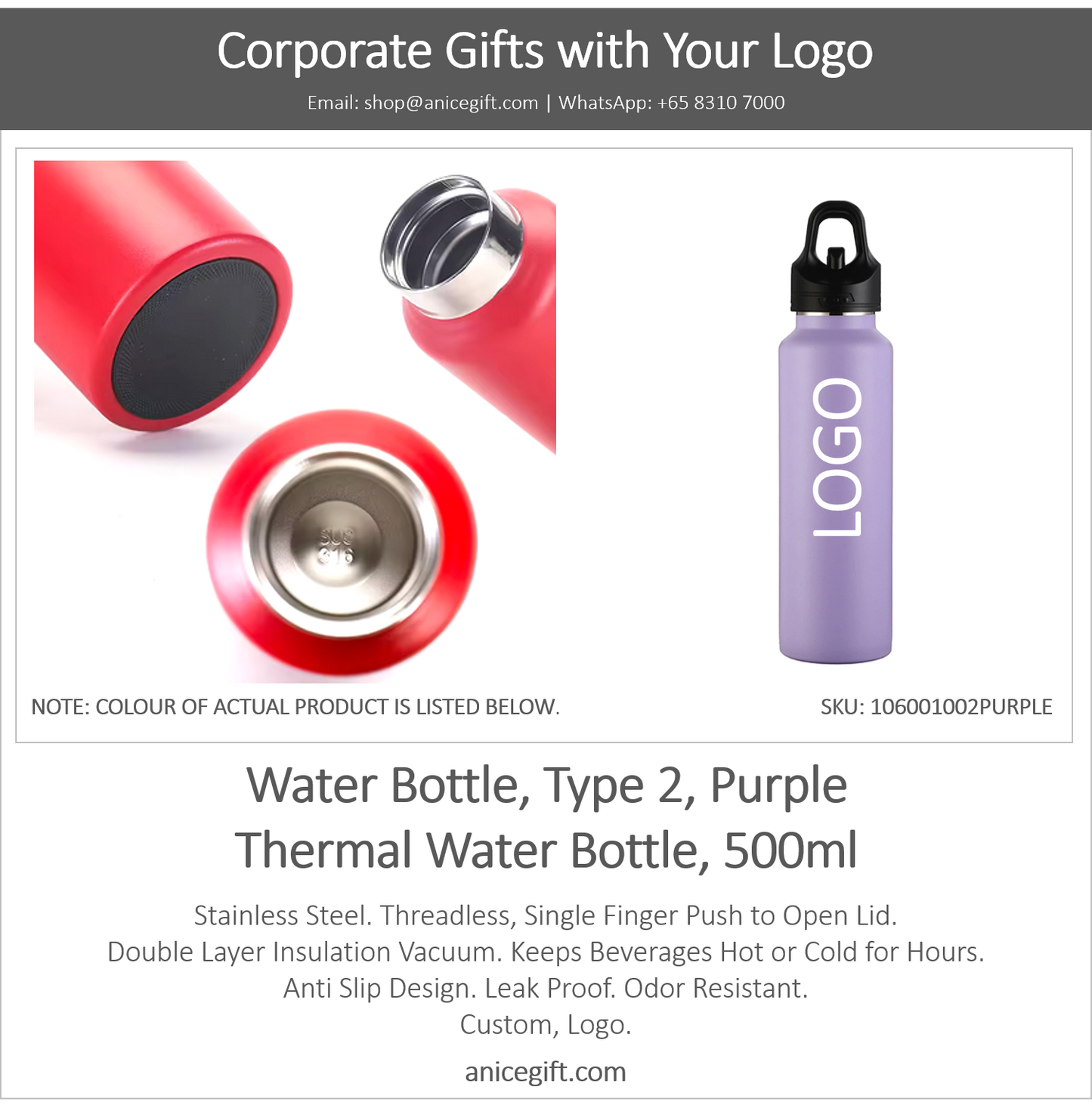 Water Bottle, Type 2, Purple | Thermal Water Bottle, 500ml