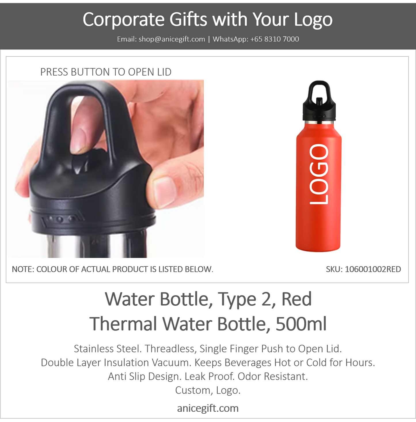 Water Bottle, Type 2, Red | Thermal Water Bottle, 500ml