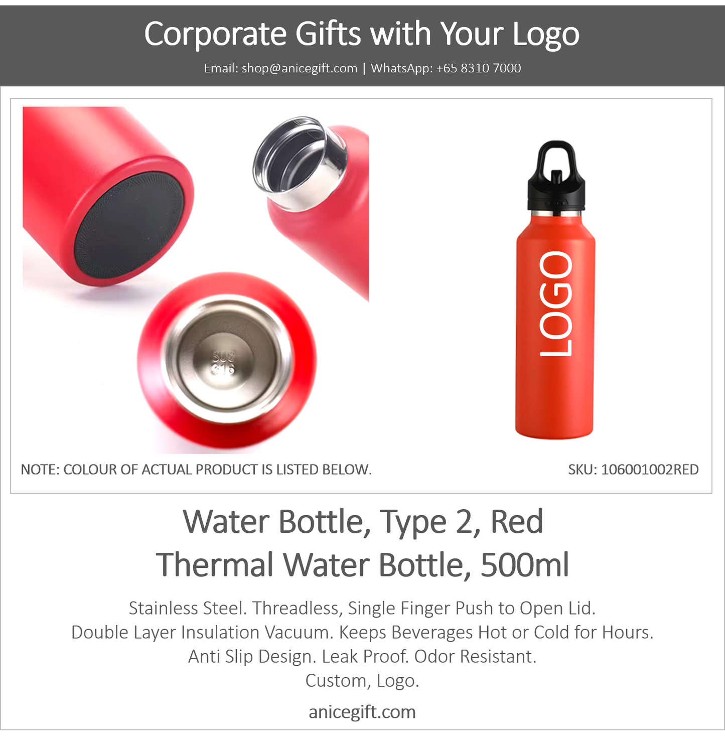 Water Bottle, Type 2, Red | Thermal Water Bottle, 500ml