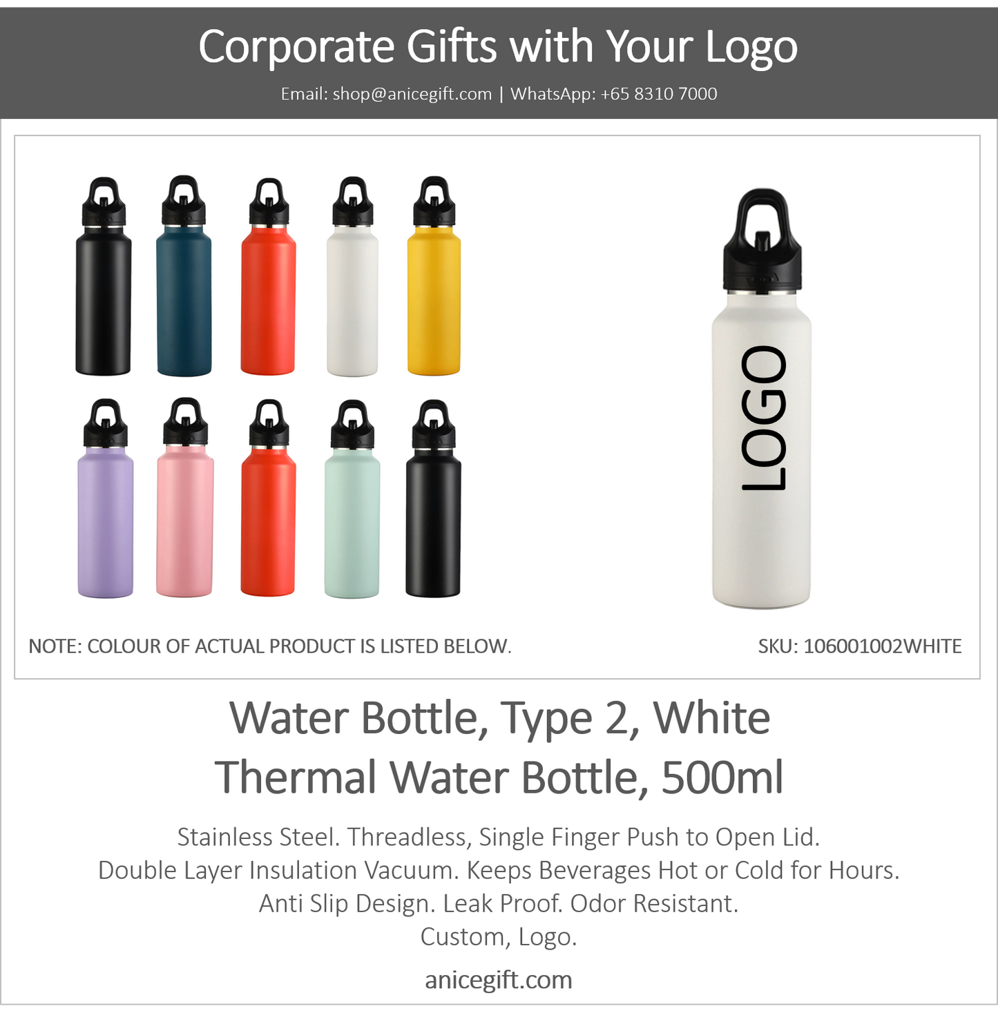 Water Bottle, Type 2, White | Thermal Water Bottle, 500ml
