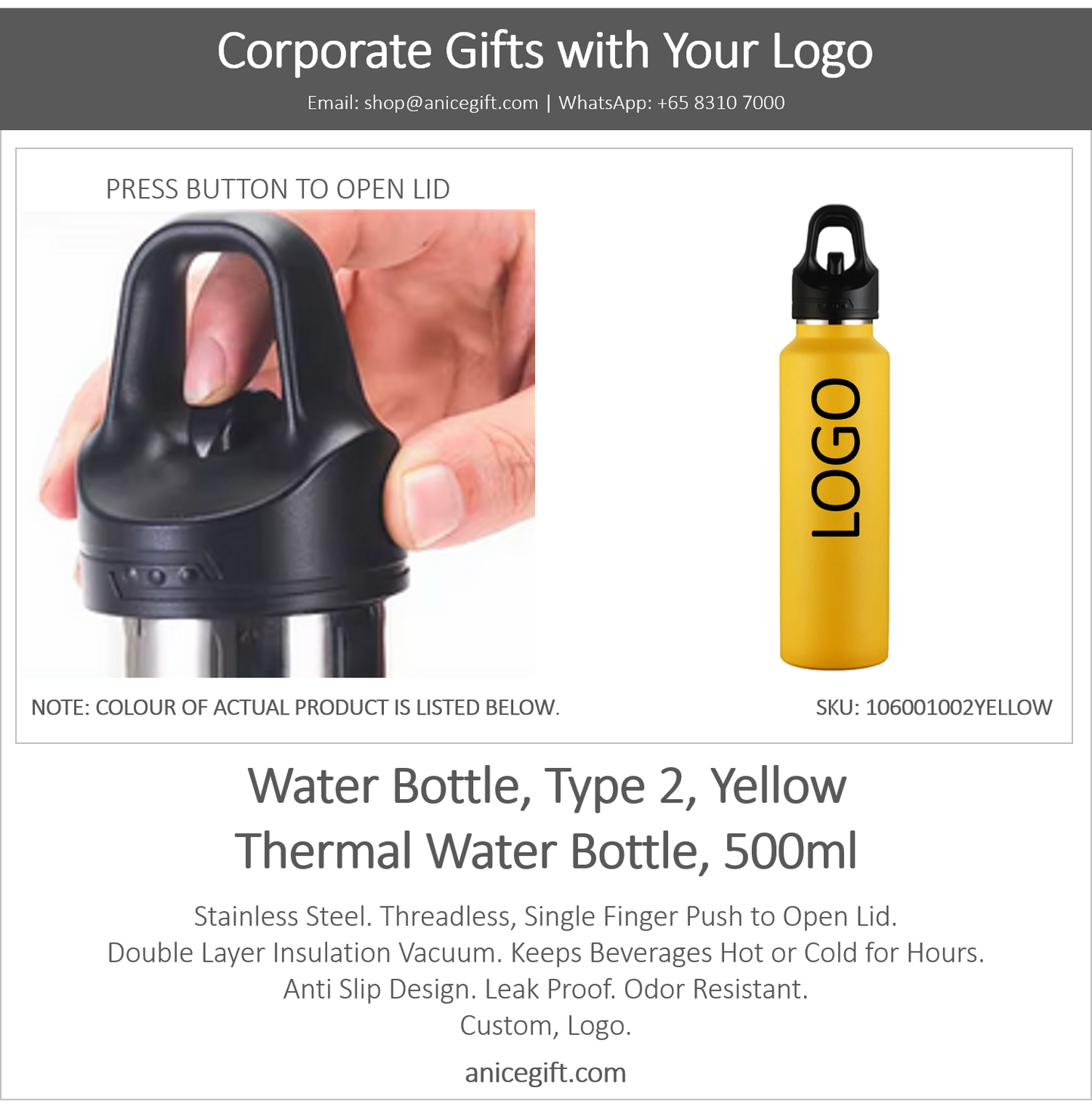 Water Bottle, Type 2, Yellow | Thermal Water Bottle, 500ml