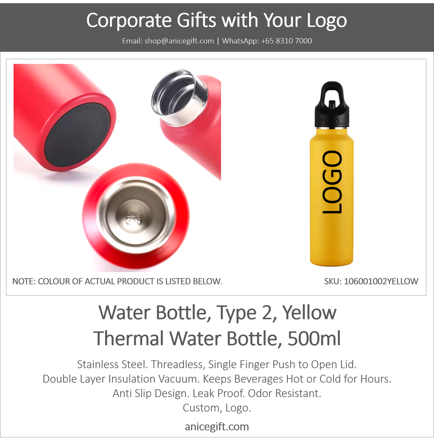 Water Bottle, Type 2, Yellow | Thermal Water Bottle, 500ml