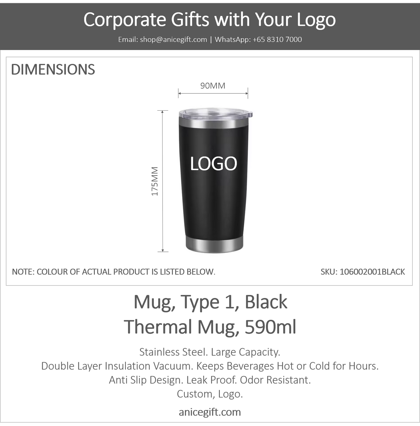 Mug, Type 1, Black | Thermal Mug, 590ml