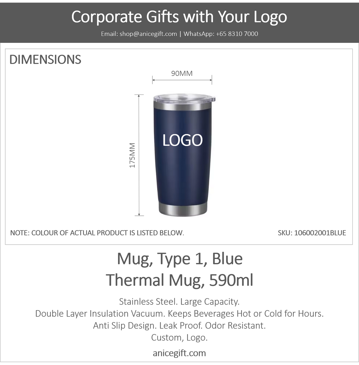 Mug, Type 1, Blue | Thermal Mug, 590ml