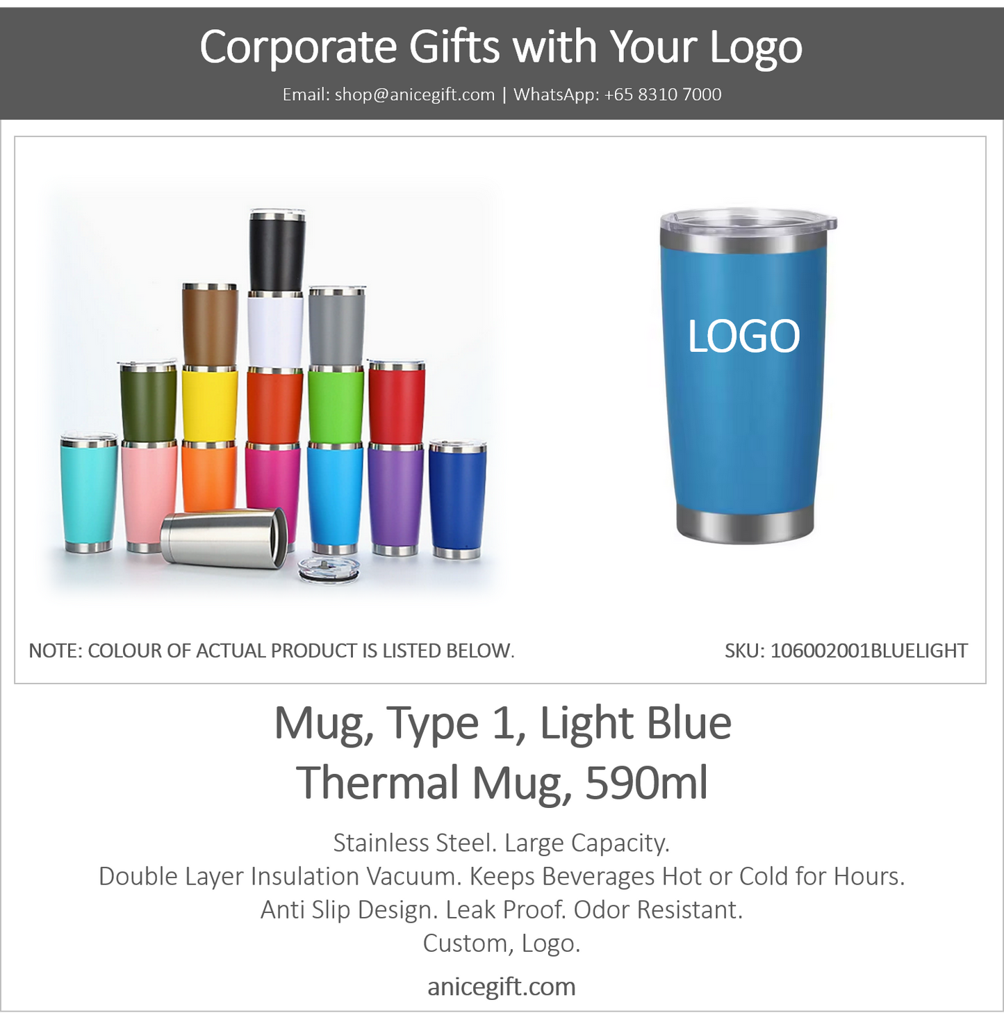 Mug, Type 1, Light Blue | Thermal Mug, 590ml