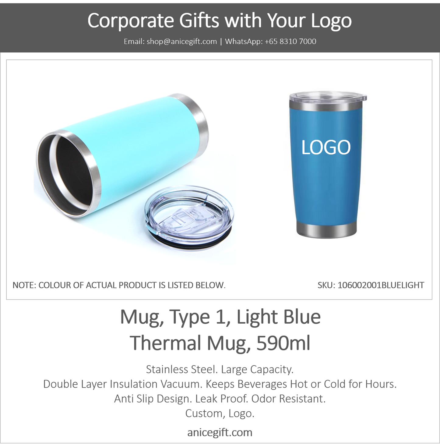 Mug, Type 1, Light Blue | Thermal Mug, 590ml