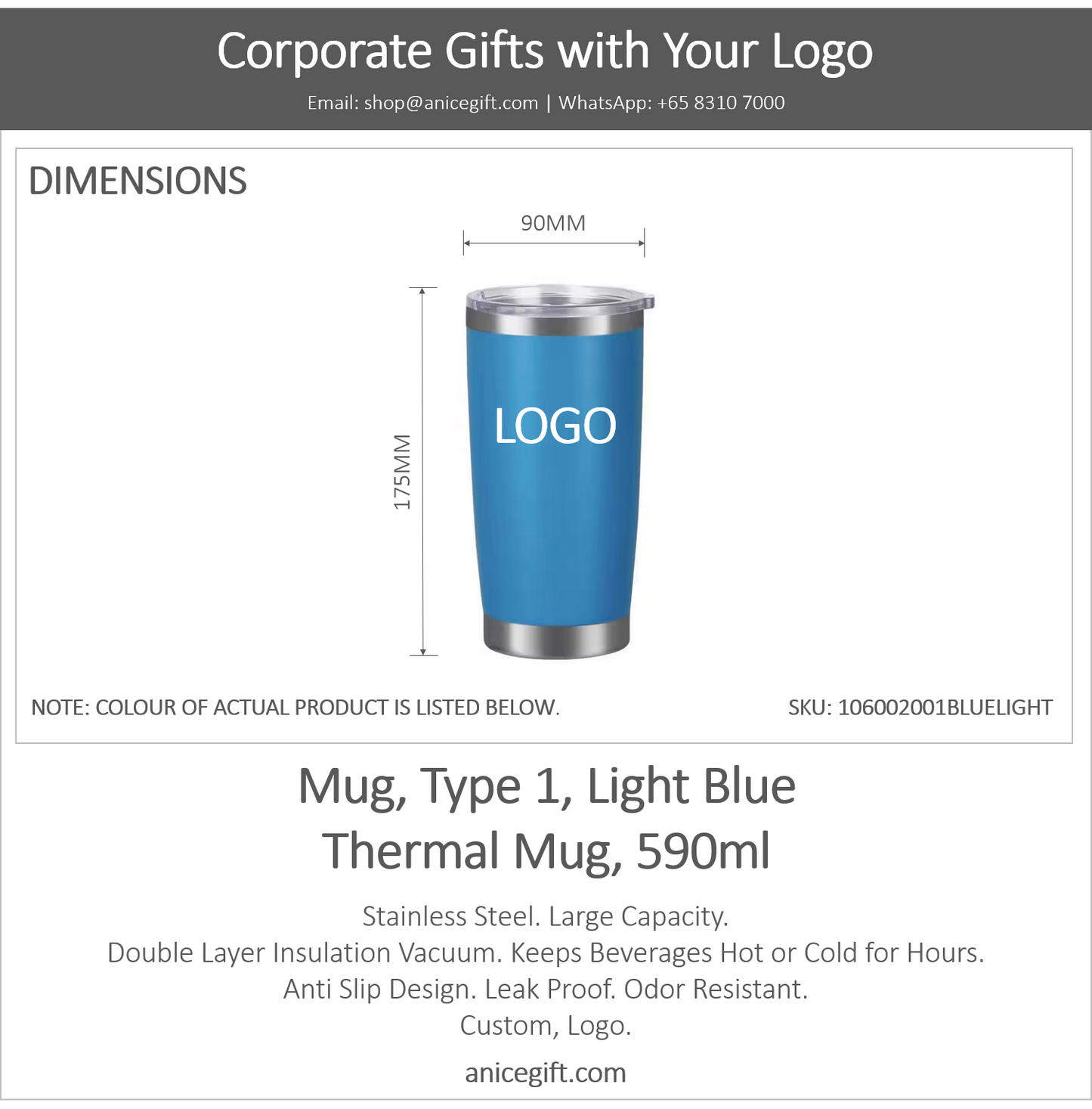 Mug, Type 1, Light Blue | Thermal Mug, 590ml