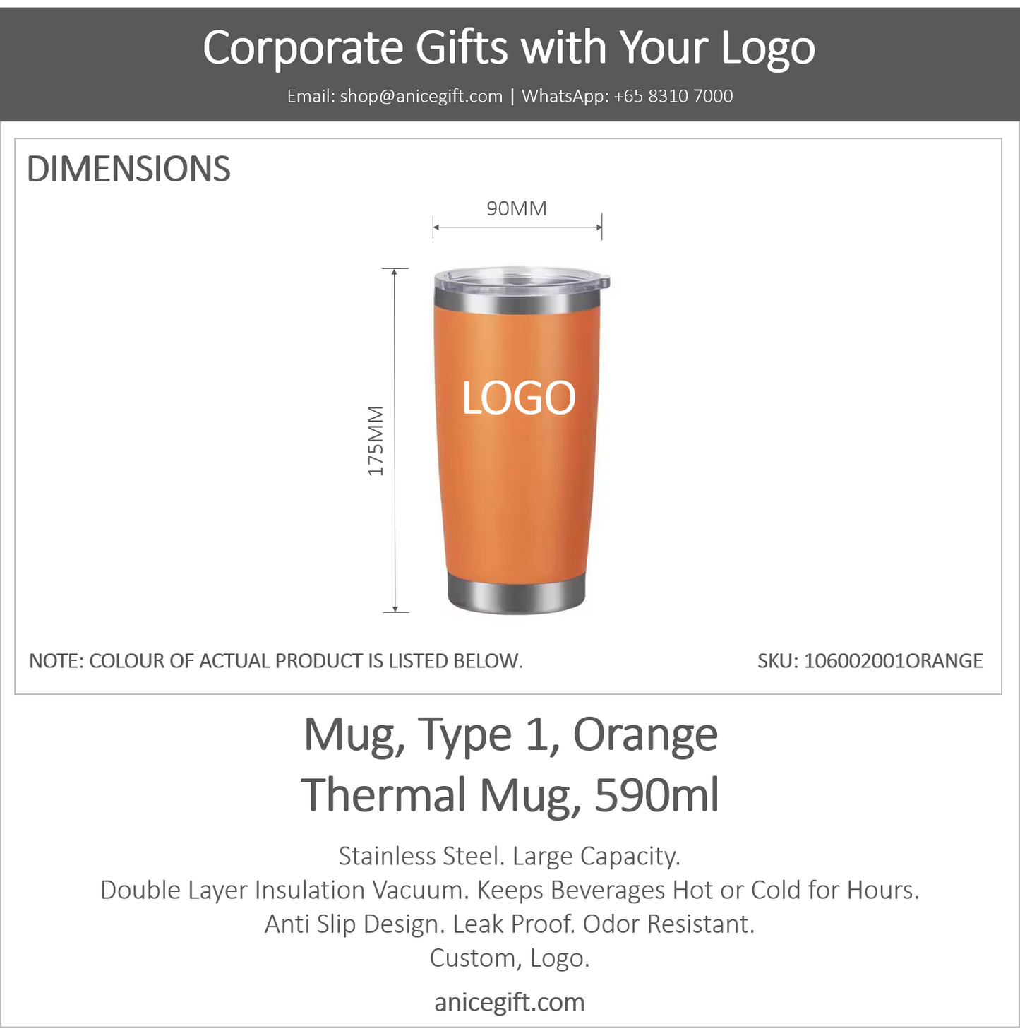 Mug, Type 1, Orange | Thermal Mug, 590ml