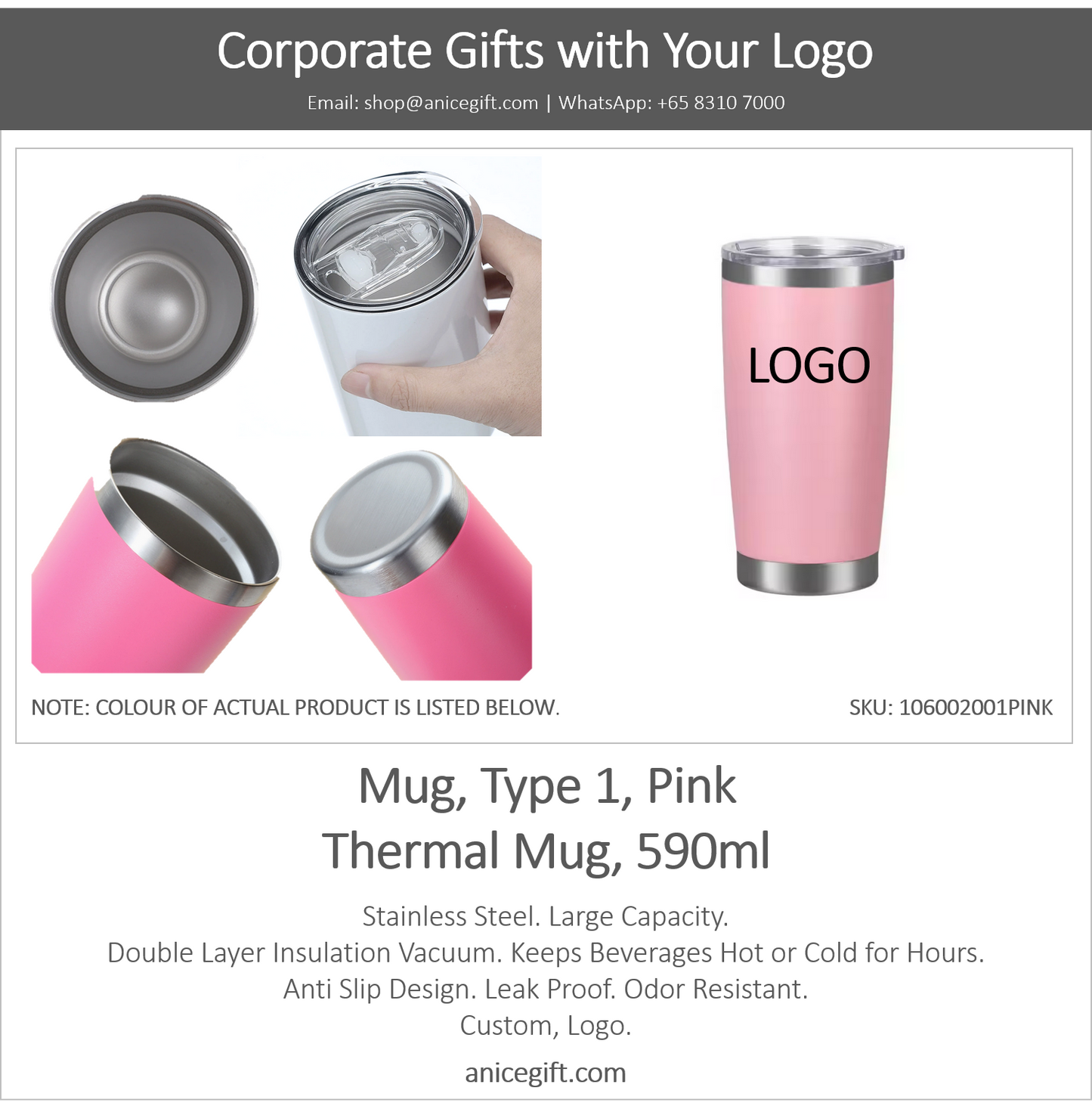 Mug, Type 1, Pink | Thermal Mug, 590ml
