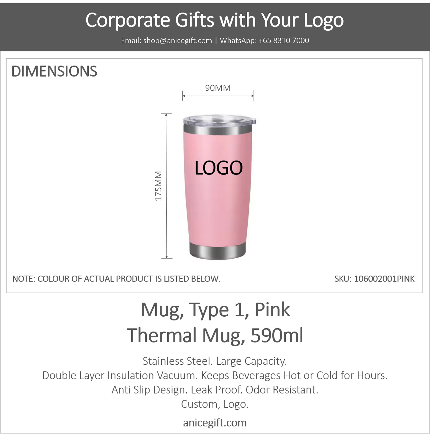 Mug, Type 1, Pink | Thermal Mug, 590ml