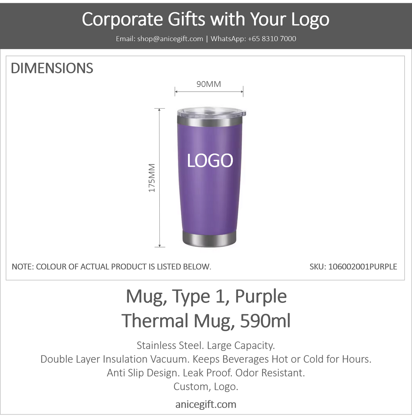 Mug, Type 1, Purple | Thermal Mug, 590ml