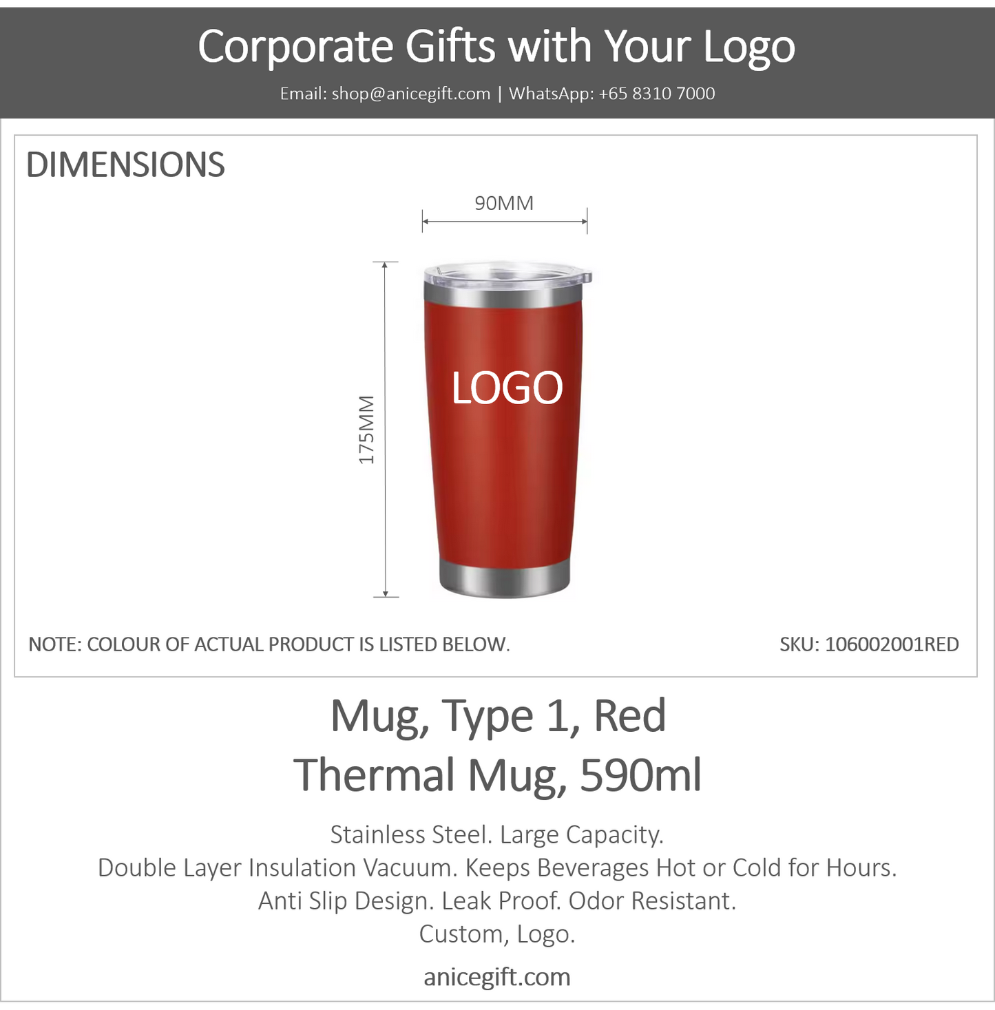 Mug, Type 1, Red | Thermal Mug, 590ml