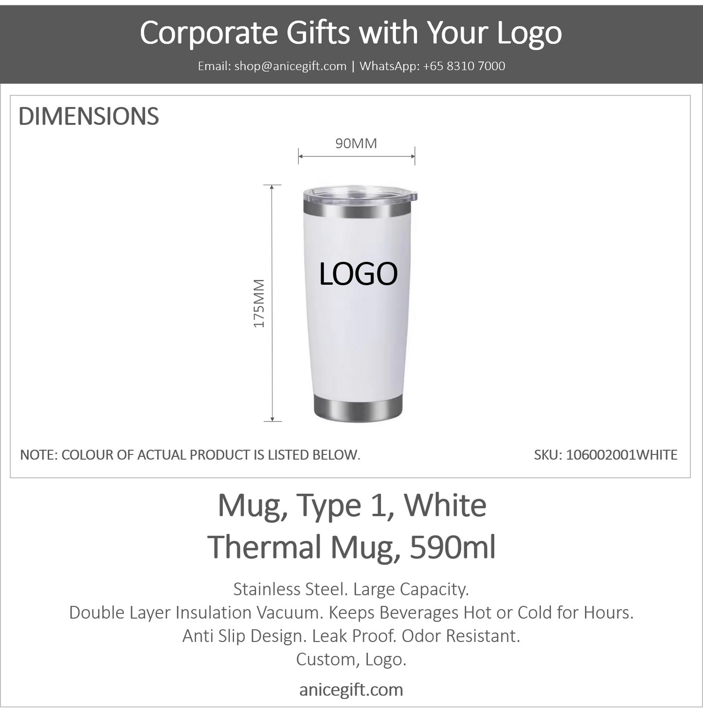 Mug, Type 1, White | Thermal Mug, 590ml